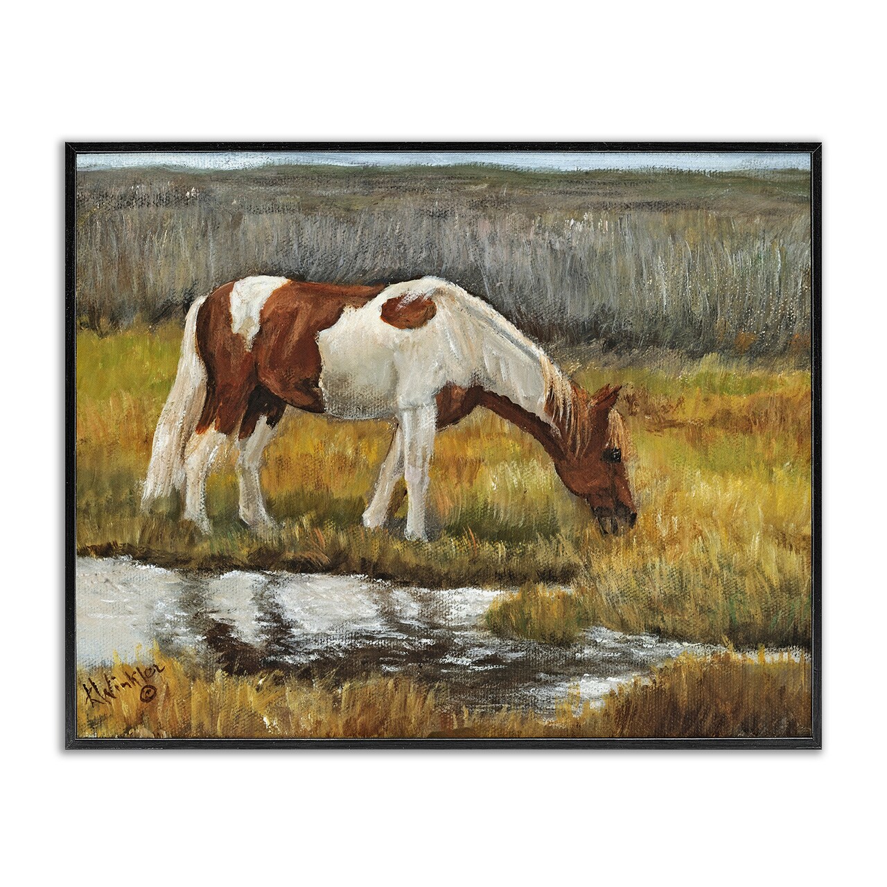Stupell Industries Horse Drinking Water by Stream Framed Giclee By Kathy Winkler 